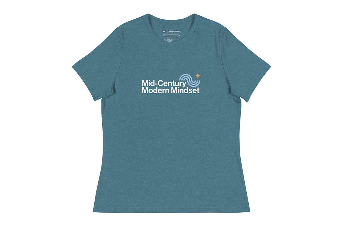 Teal t-shirt that reads "Mid-Century Modern Mindset"