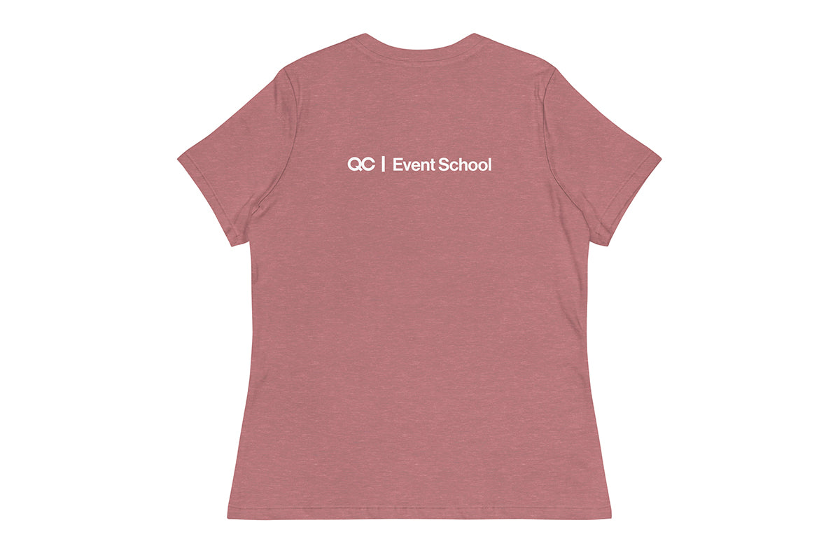 Pink t-shirt back with 'QC Event School' text on a white background
