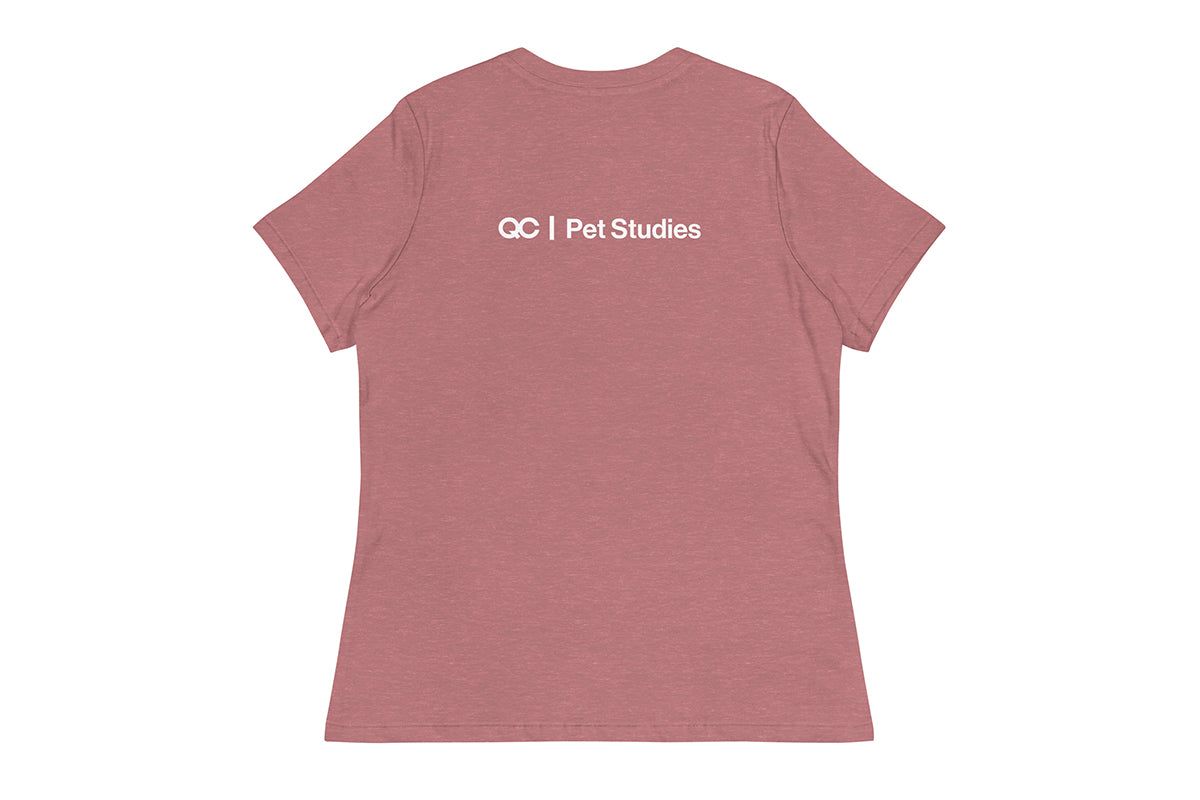 Pink t-shirt back with 'QC Pet Studies' text on the back against a white background