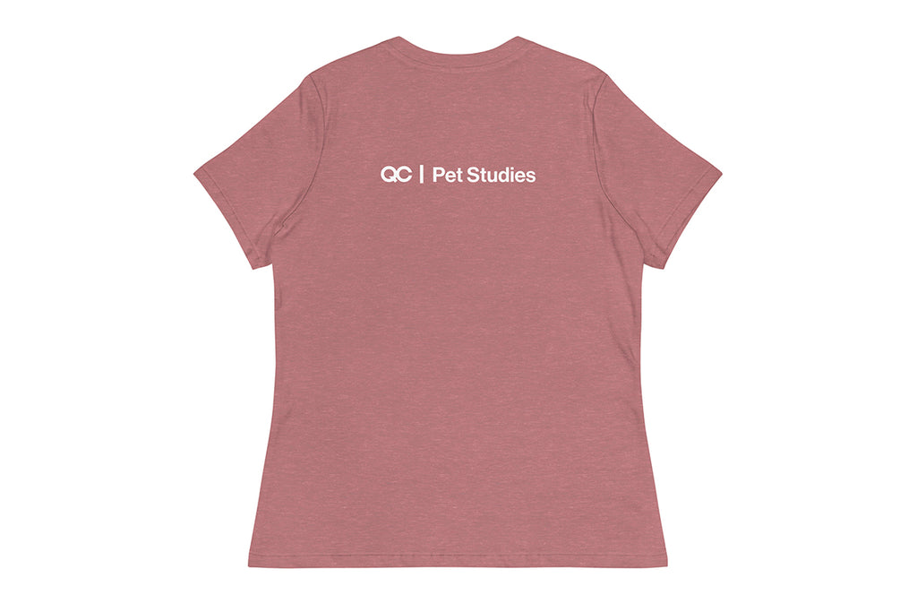 Pink t-shirt with 'QC Pet Studies' text on the back against a white background