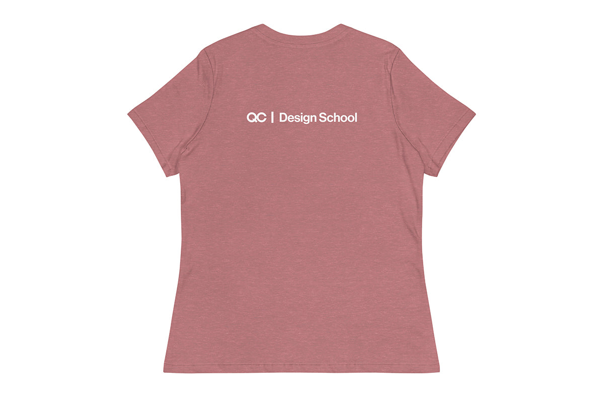 Pink t-shirt with 'QC Design School' text on the back against a white background