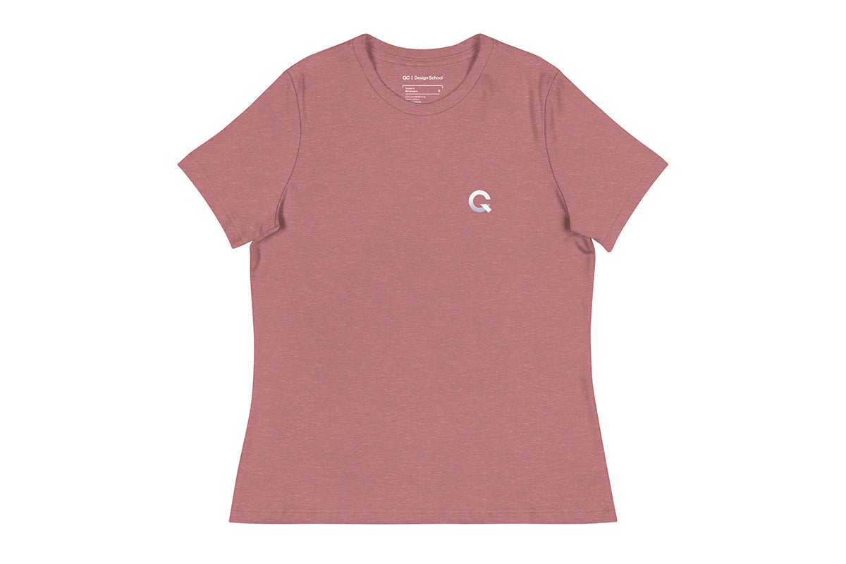 Pink t-shirt with a white Q logo on a white background
