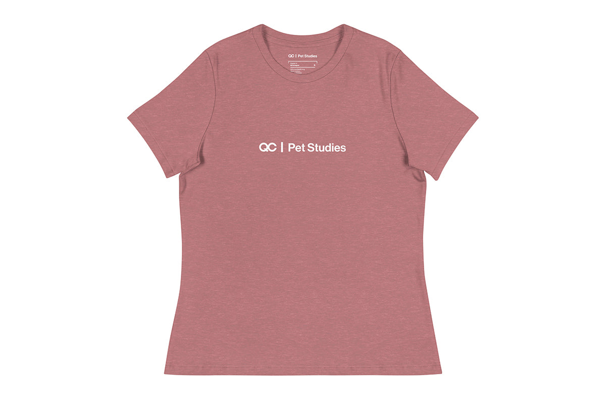 Pink t-shirt with 'QC Pet Studies' text on a white background