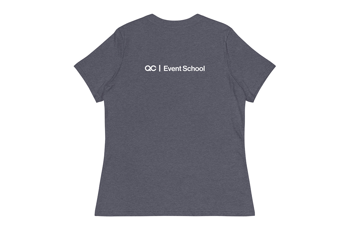 Gray t-shirt with 'QC Event School' text on the back against a white background