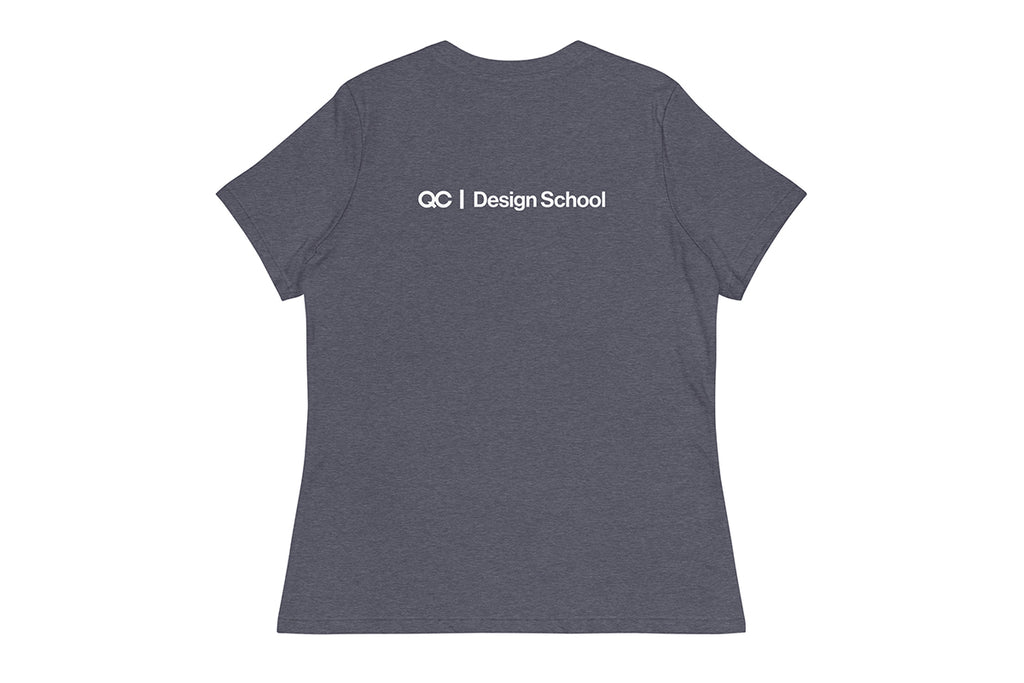 Gray t-shirt with 'QC Design School' text on the back against a white background