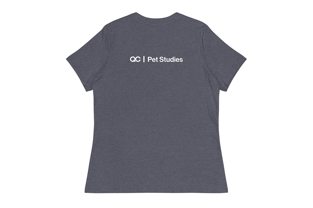 Gray t-shirt with 'QC Pet Studies' text on the back against a white background
