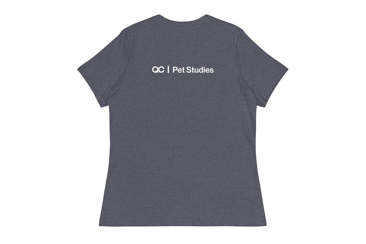 Grey t-shirt back with 'QC Pet Studies' text on a white background