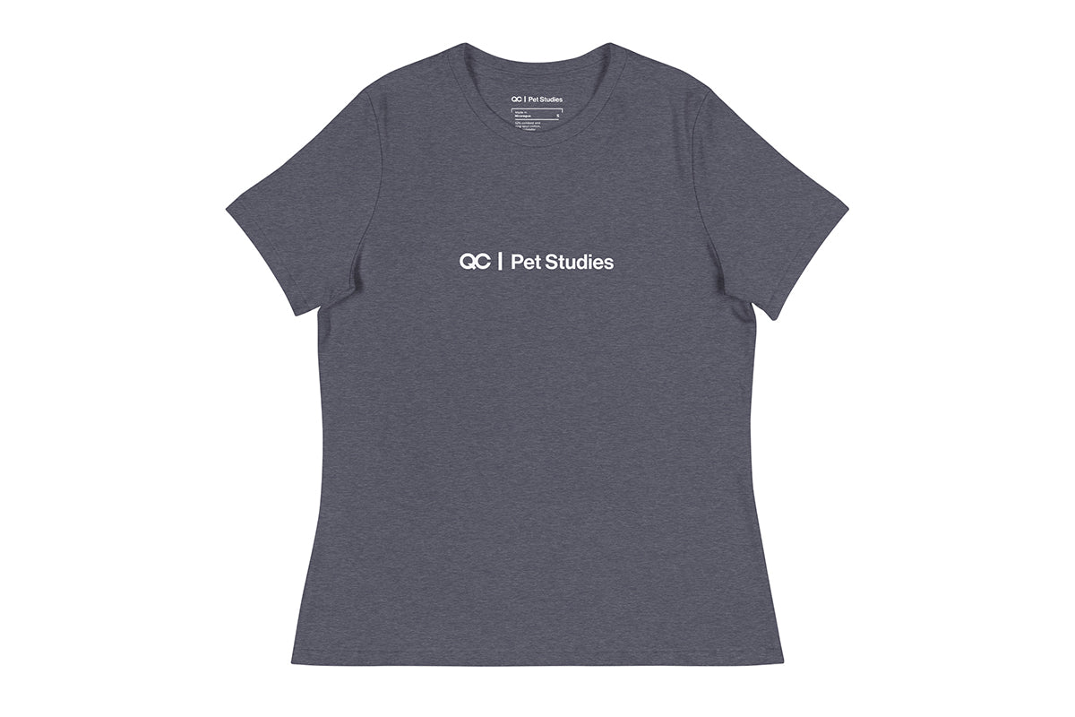 Gray t-shirt with 'QC Pet Studies' text on a white background