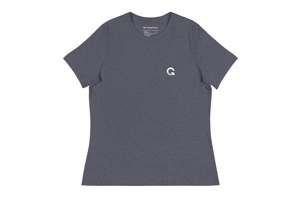Grey t-shirt with a white Q logo on a white background