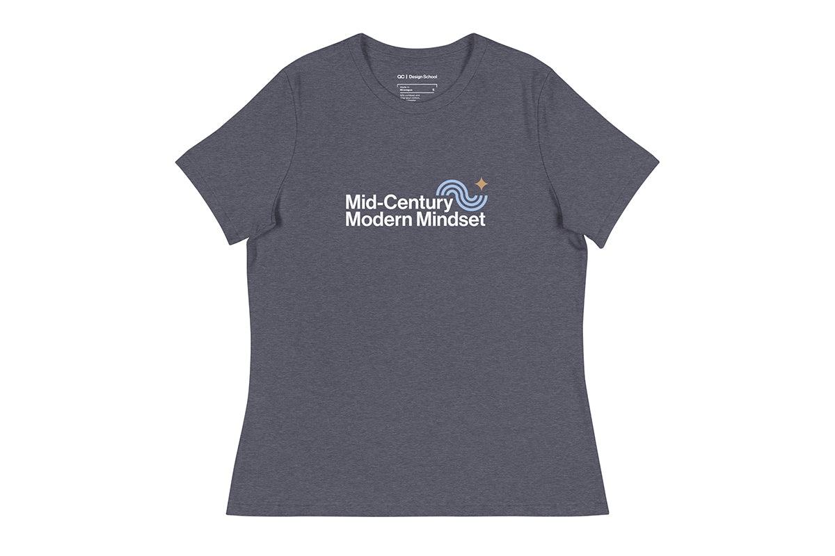 Gray t-shirt with 'Mid-Century Modern Mindset' text on a white background