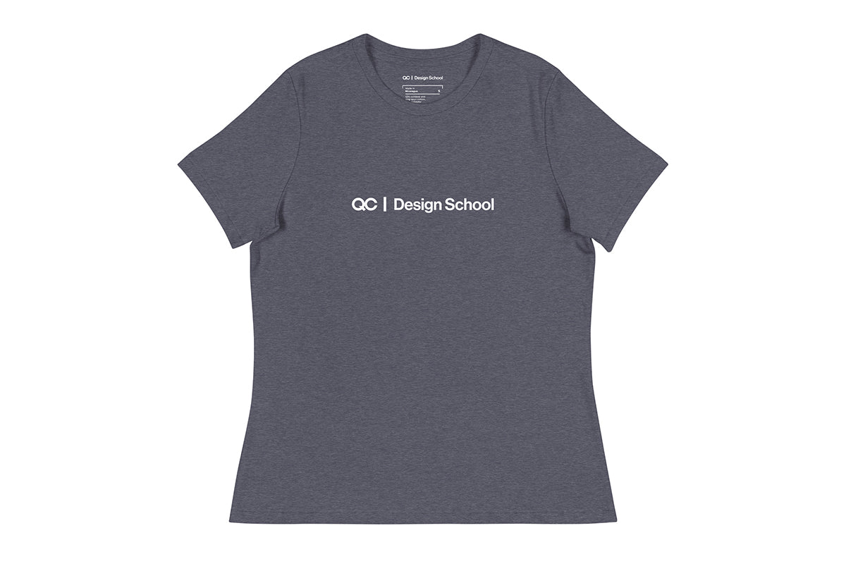 Blue Grey t-shirt that reads "QC Design School"