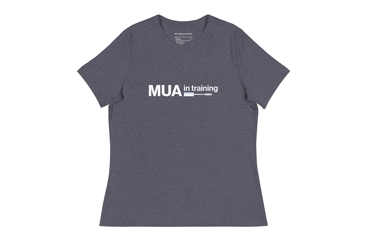 Grey t-shirt with 'MUA in training' text on a white background