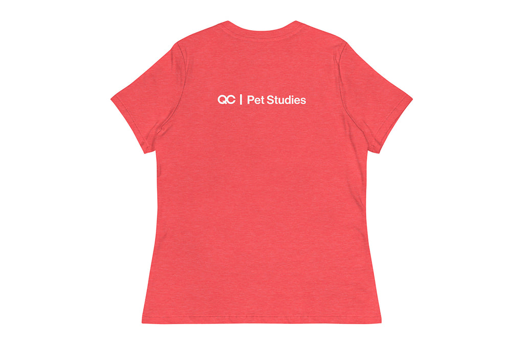 Red t-shirt back with 'QC Pet Studies' text on a white background