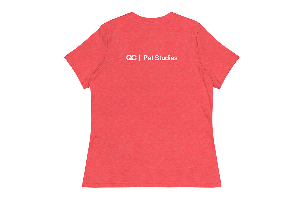 Red t-shirt back with 'QC Pet Studies' text on a white background