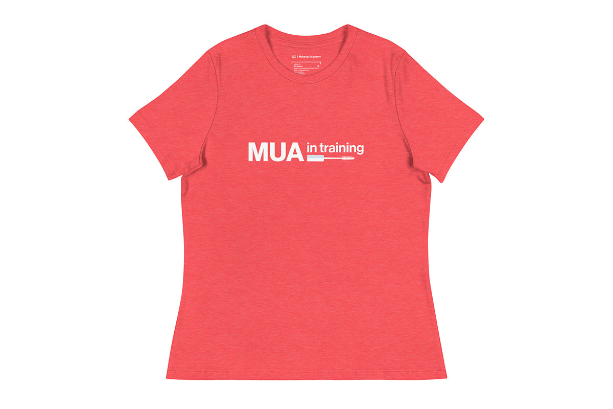 Red t-shirt with 'MUA in training' text on a white background