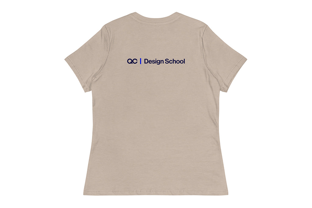 Beige t-shirt with 'OC Design School' logo on the back against a white background