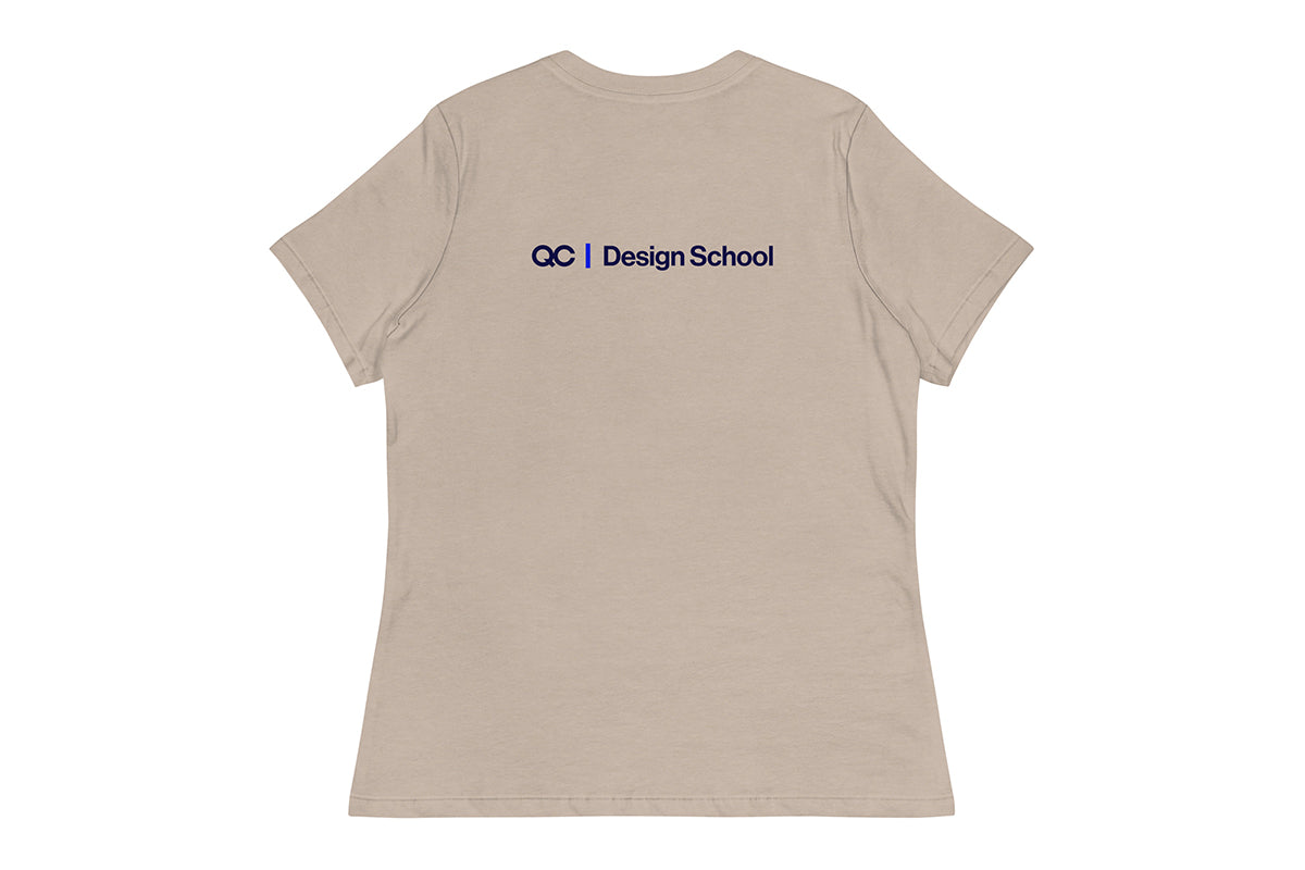 Beige t-shirt with 'OC Design School' logo on the back against a white background