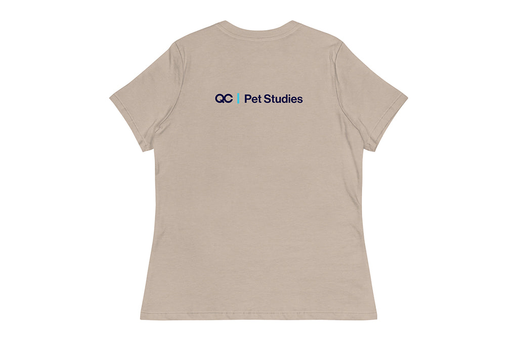 Beige t-shirt with 'QC Pet Studies' logo on the back against a white background