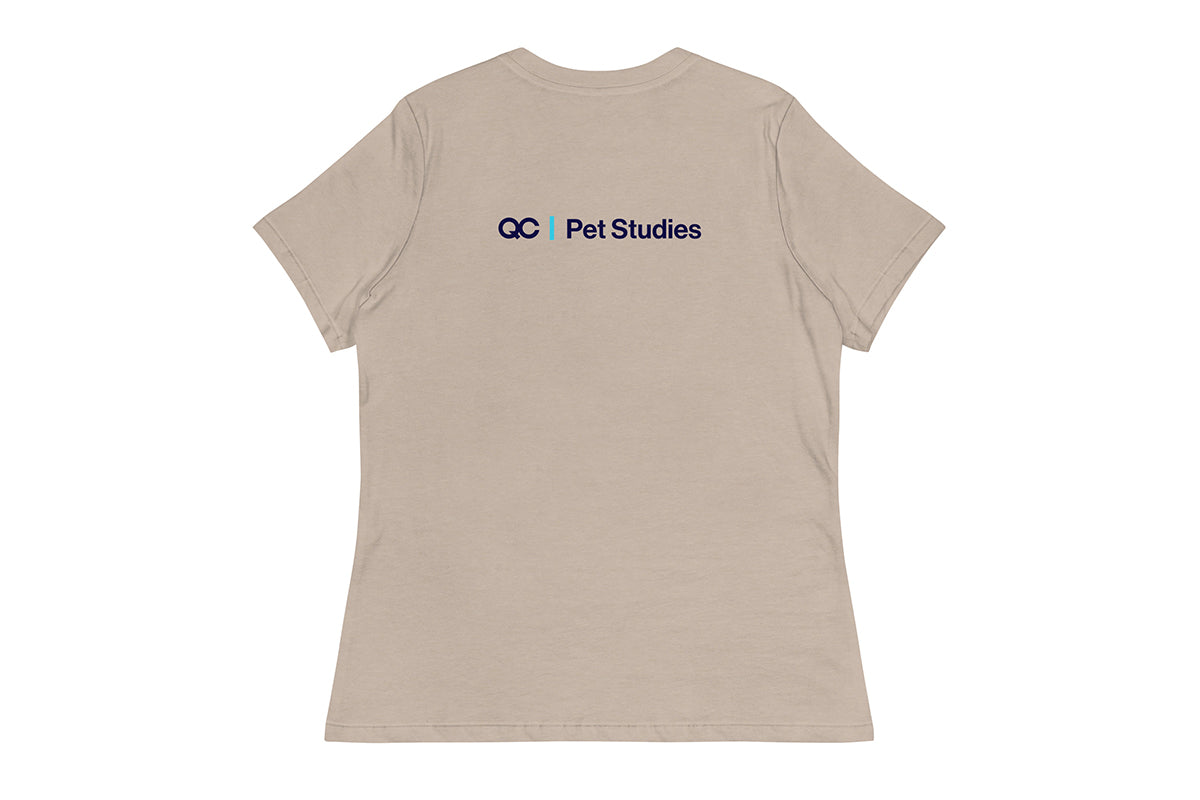Beige t-shirt with 'QC Pet Studies' logo on the back against a white background