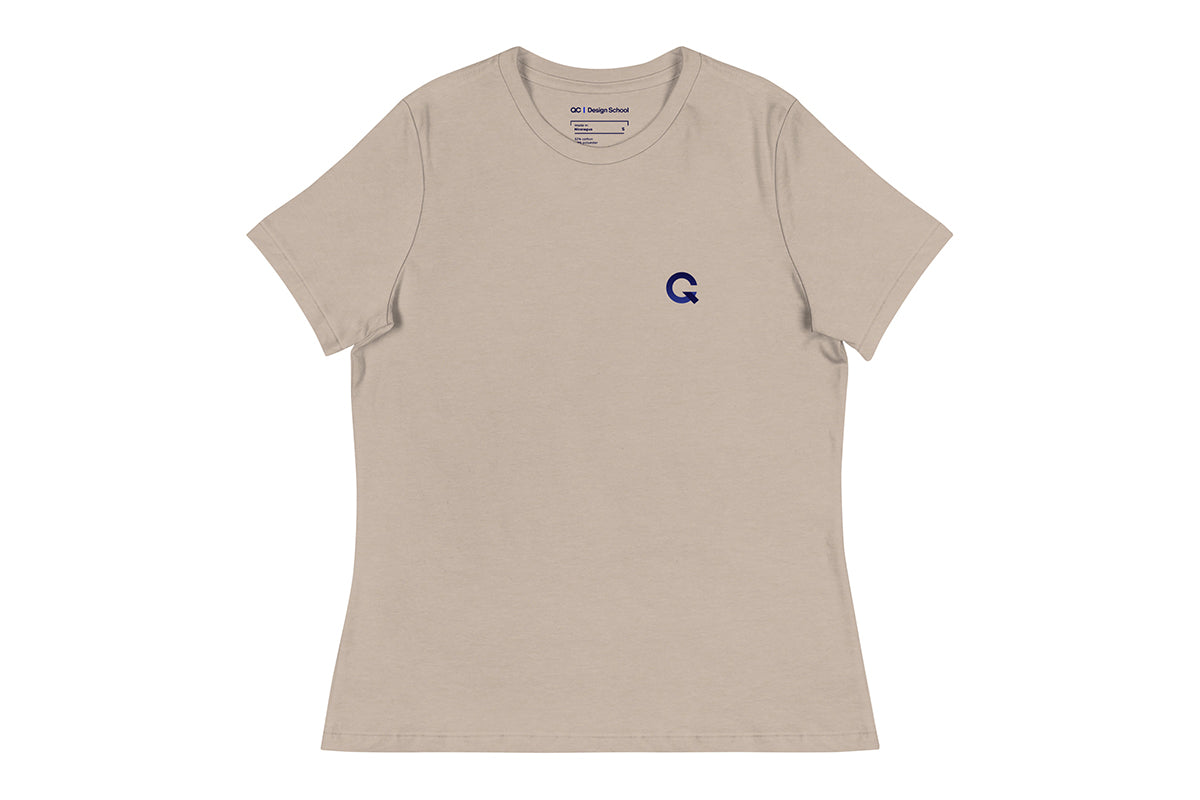 Beige t-shirt with a small Q logo on a white background