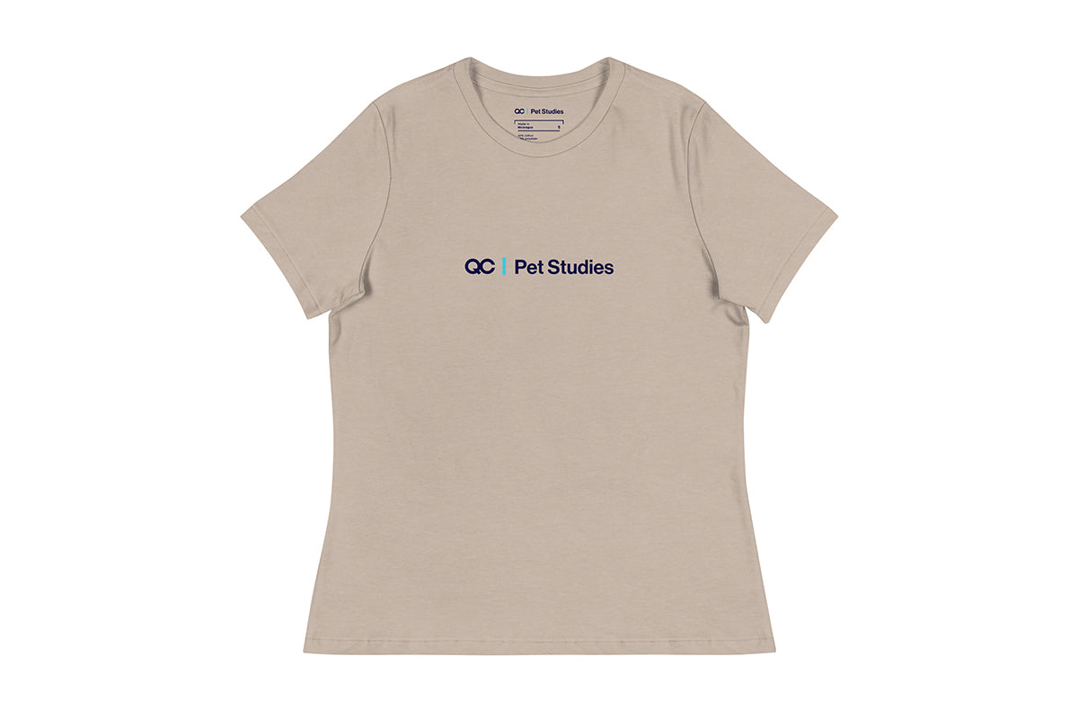 Beige t-shirt with 'QC Pet Studies' logo on a white background