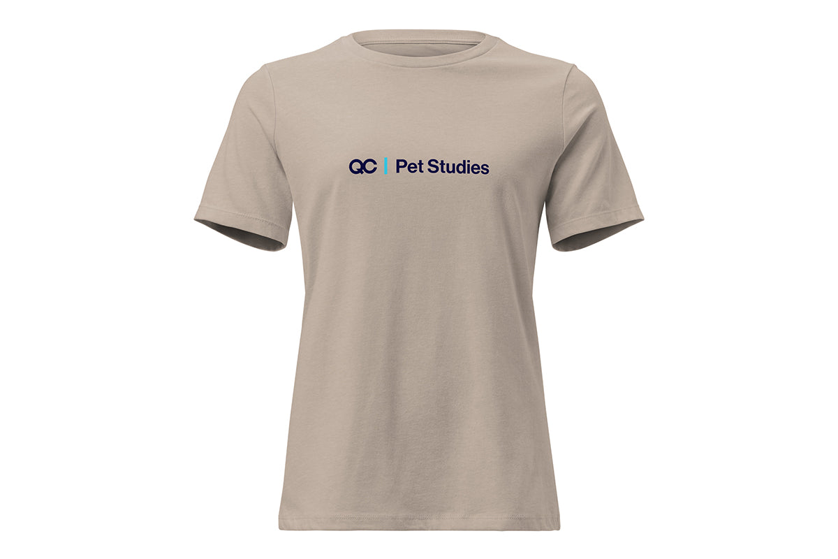 Beige t-shirt with a QC Pet Studies logo on a white background