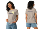 Person wearing a beige t-shirt with text and graphics on a white background