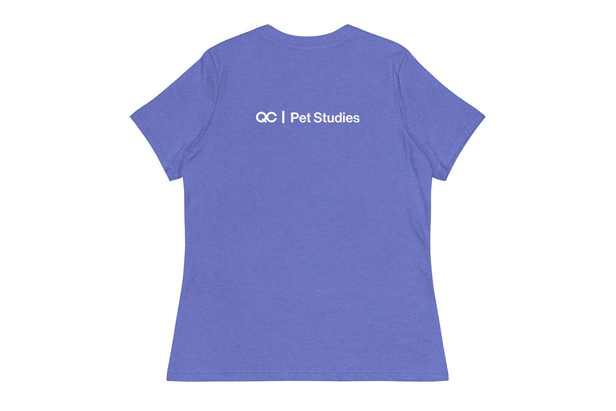 Blue t-shirt back with 'QC Pet Studies' text on a white background