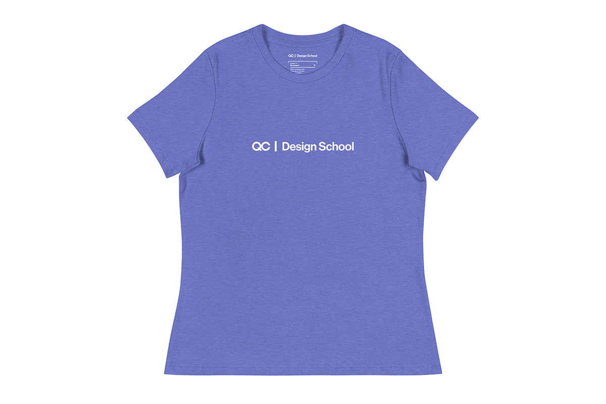 Indigo t-shirt that reads "QC Design School"