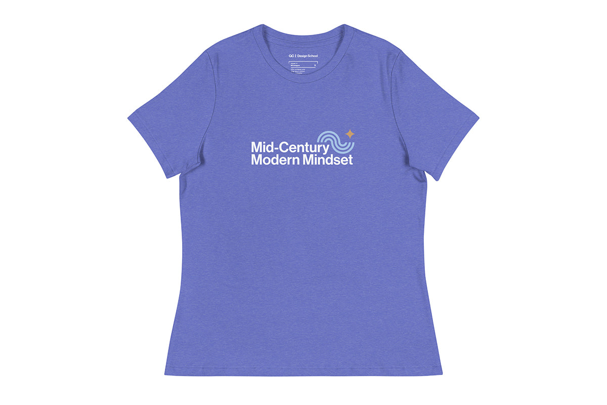 Blue t-shirt with 'Mid-Century Modern Mindset' text on a white background