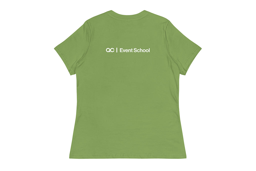 Green t-shirt with 'QC Event School' text on the back against a white background