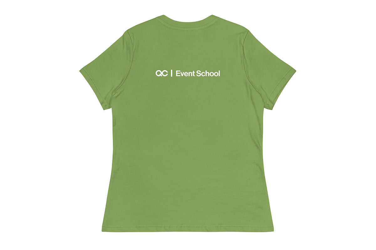 Green t-shirt with 'QC Event School' text on the back against a white background