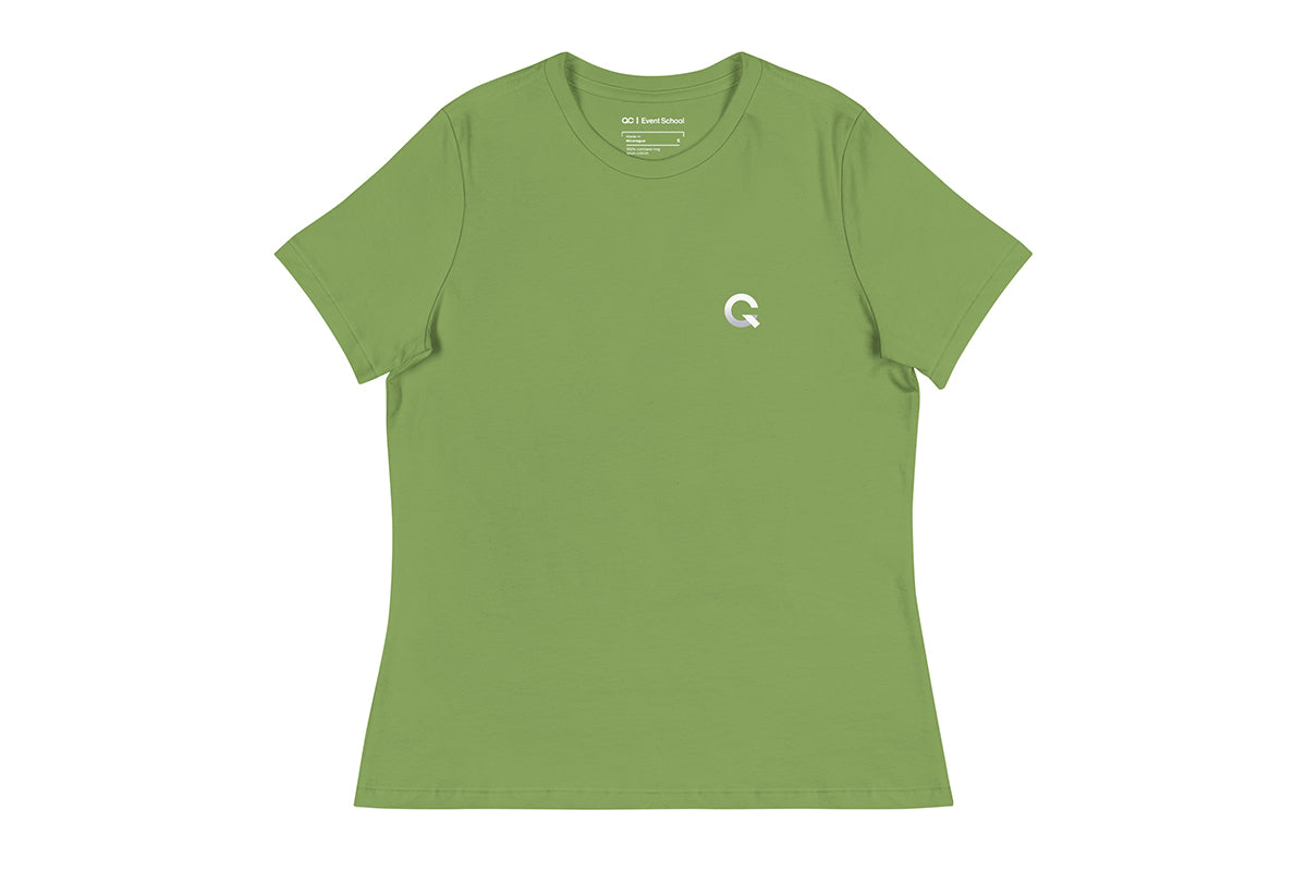 Green t-shirt with a small Q logo on a white background