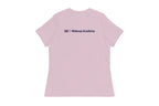 Back of purple t-shirt with 'QC Makeup Academy' text on a white background