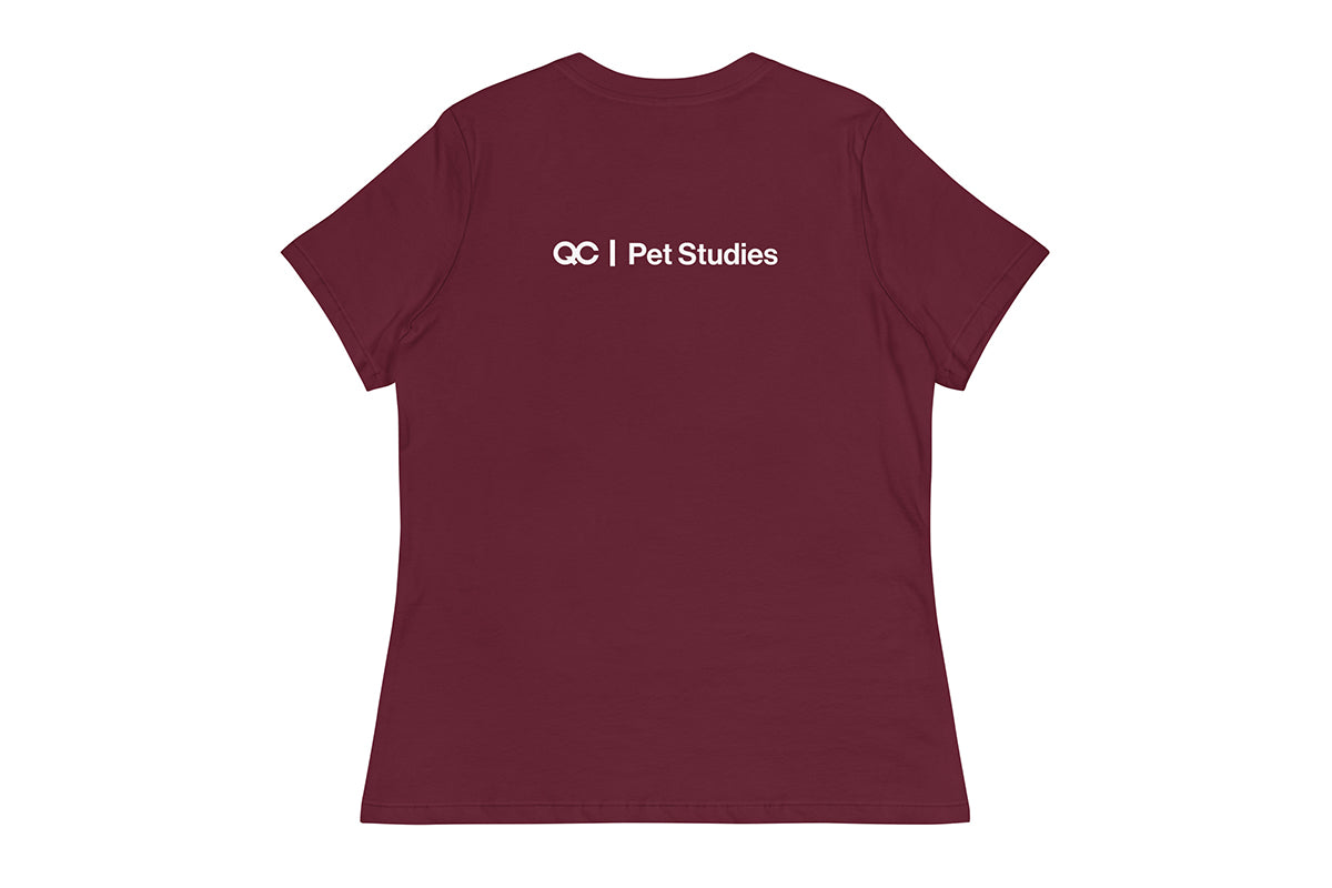 Red t-shirt back with 'QC Pet Studies' text on a white background