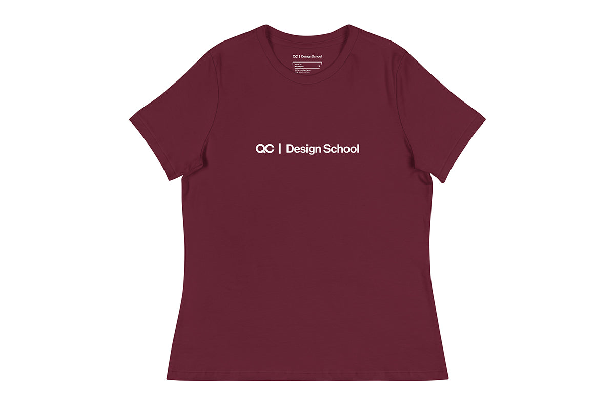 Maroon t-shirt that reads "QC Design School"