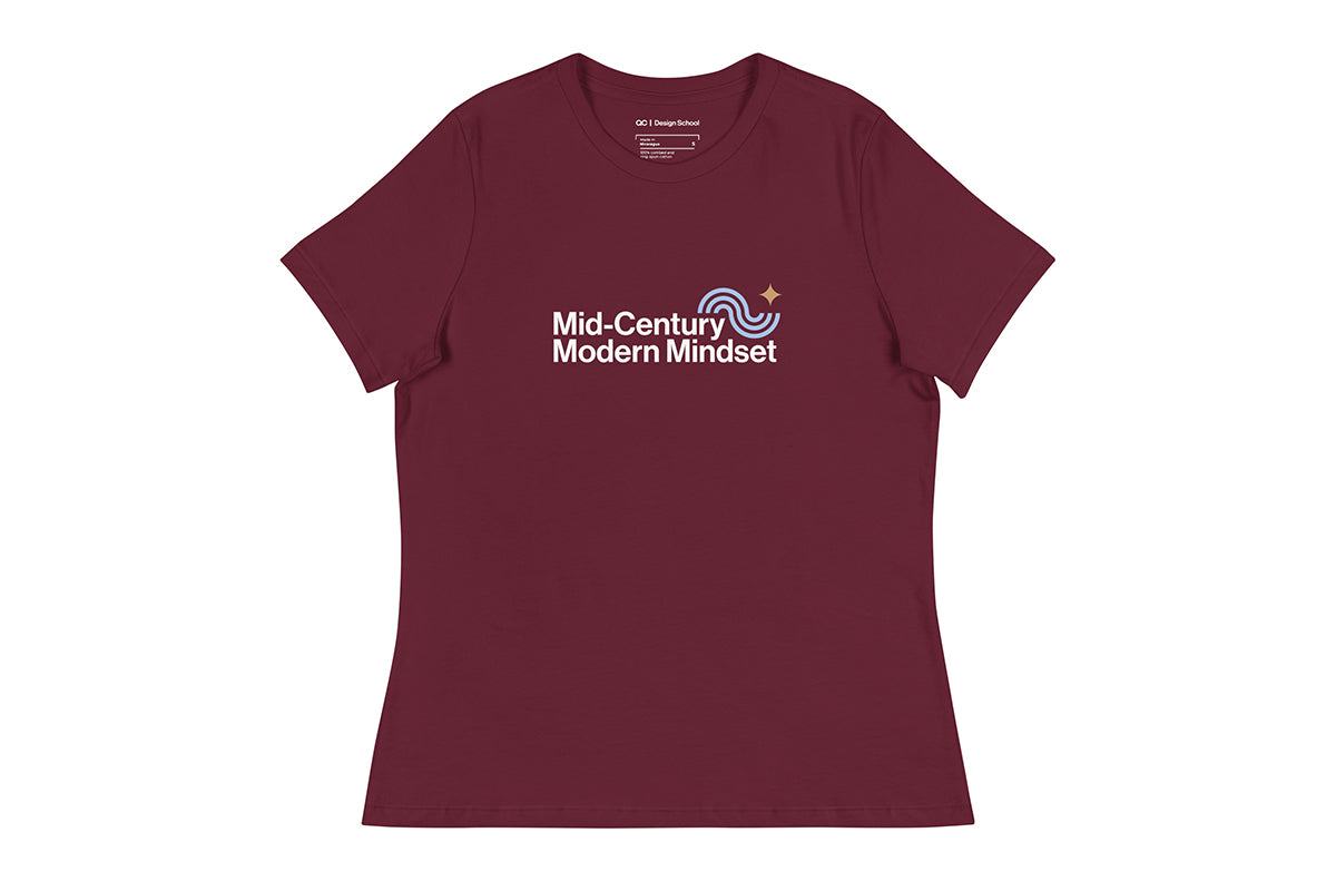 Maroon t-shirt that reads "Mid-Century Modern Mindset"