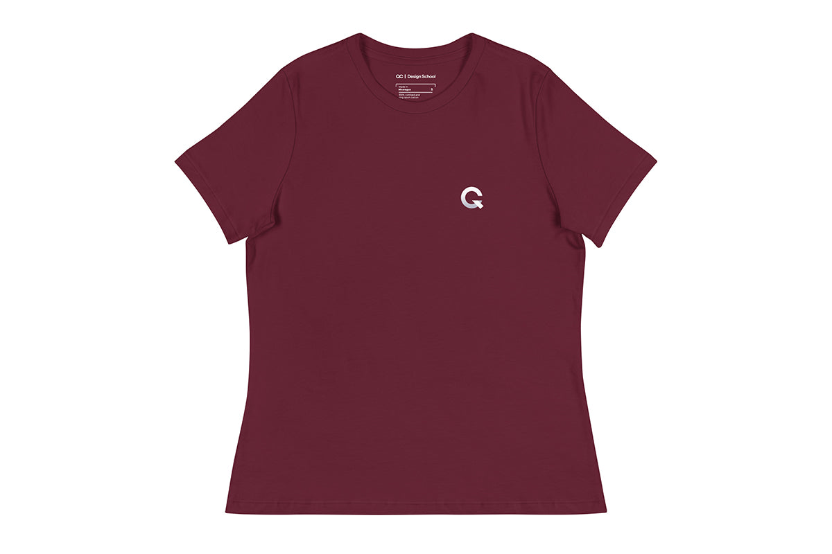 Maroon t-shirt with a white Q logo on a white background