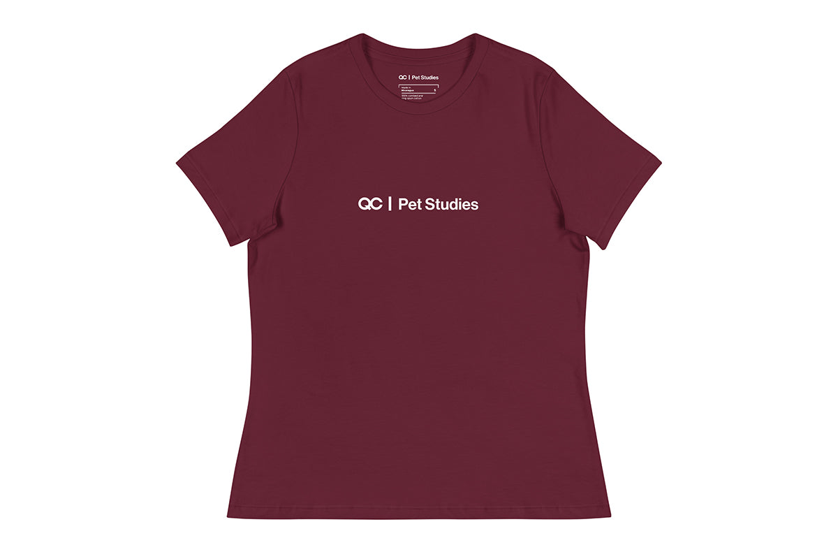 Maroon t-shirt with 'QC Pet Studies' text on a white background