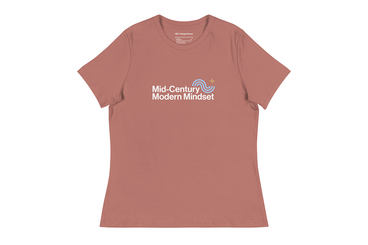 Pink t-shirt that reads "Mid-Century Modern Mindset"