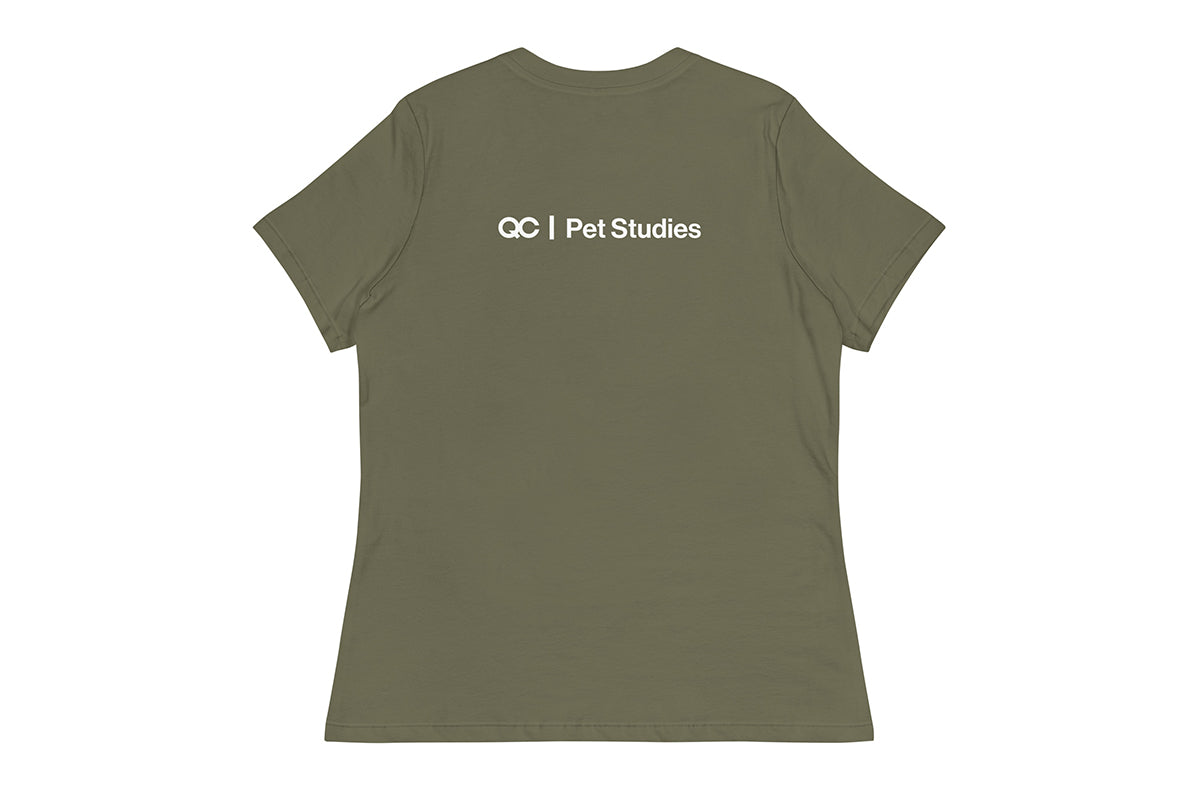 Green t-shirt with 'QC Pet Studies' text on a white background