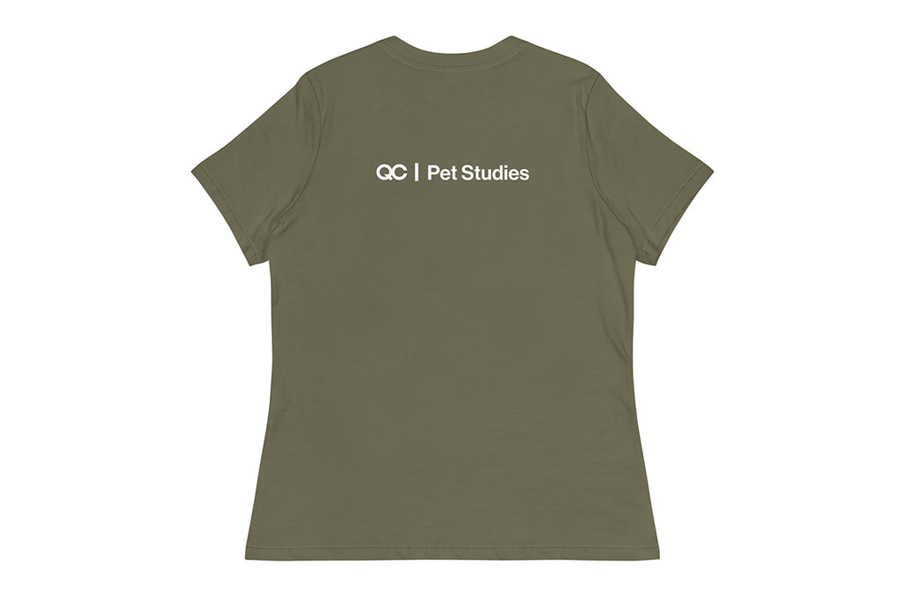 Green t-shirt back with 'QC Pet Studies' text on the back against a white background