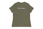 Green t-shirt back with 'QC Pet Studies' text on the back against a white background
