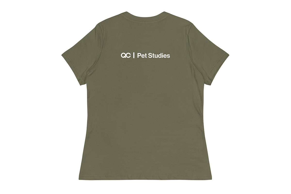 Green t-shirt back with 'QC Pet Studies' text on the back against a white background