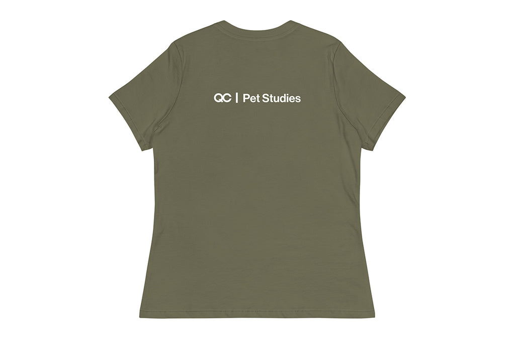 Green t-shirt back with 'QC Pet Studies' text on a white background