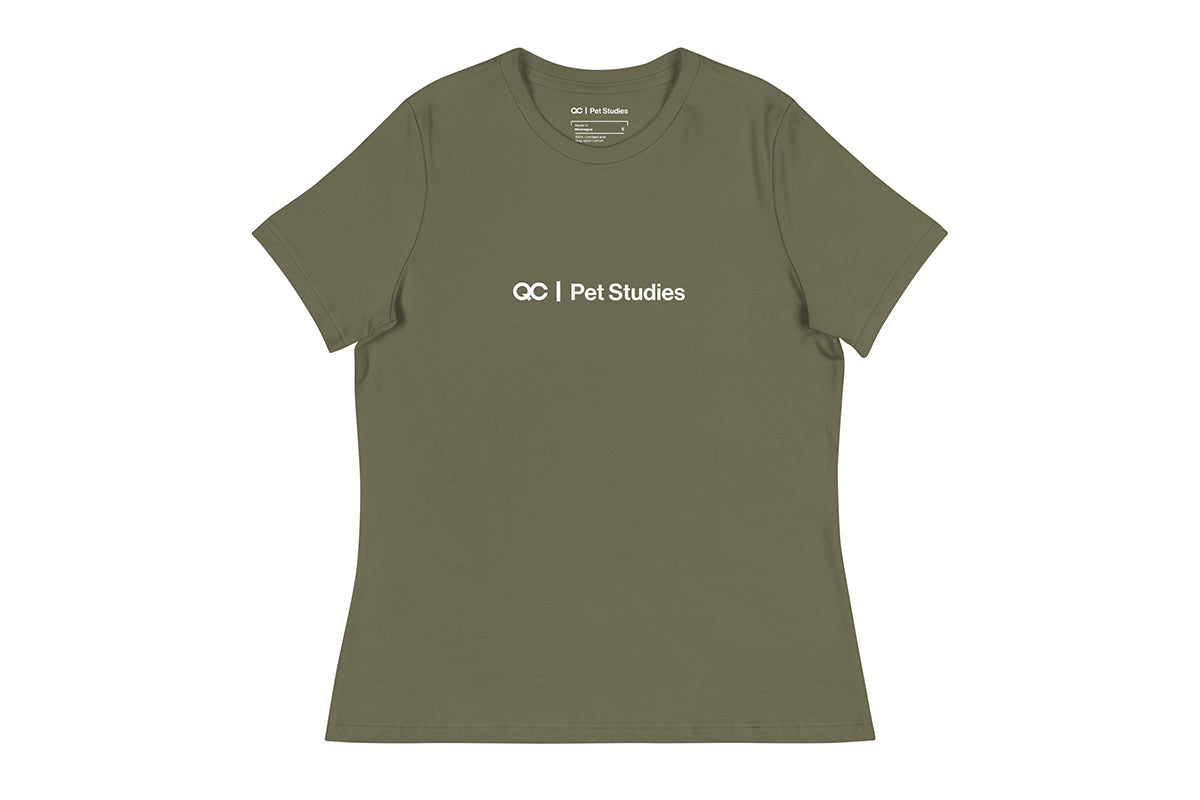 Olive Green t-shirt with 'QC Pet Studies' text on a white background