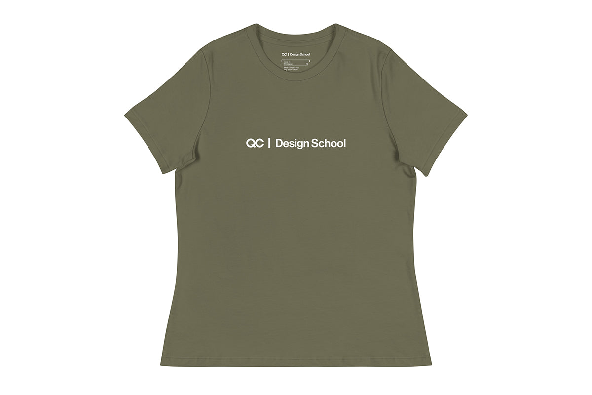 Olive green t-shirt that reads "QC Design School"
