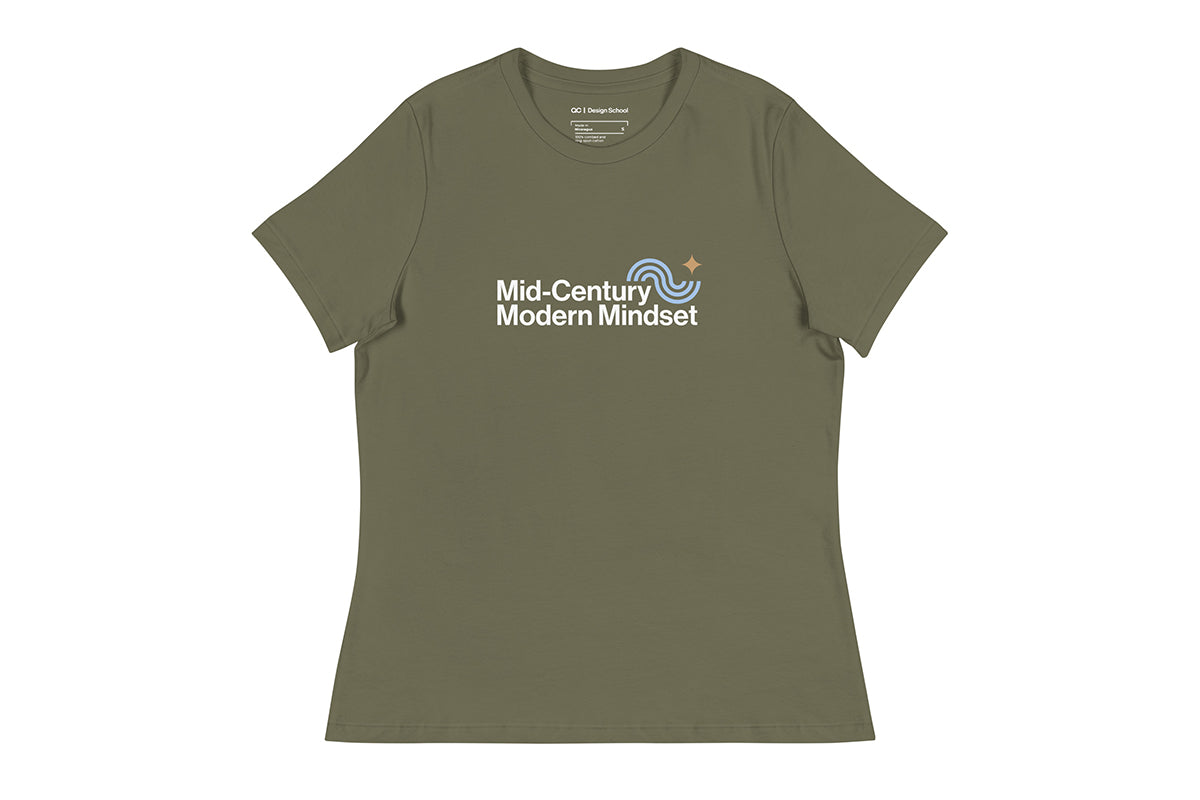 Green t-shirt that reads "Mid-Century Modern Mindset"