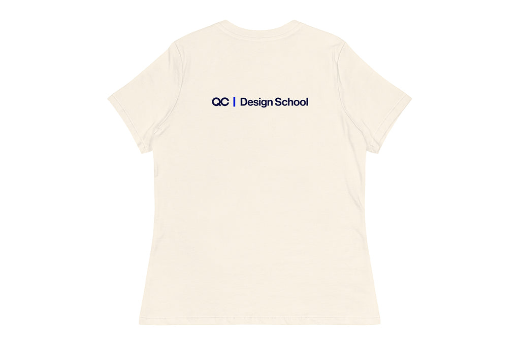 Beige t-shirt with 'OC Design School' logo on the back on a white background