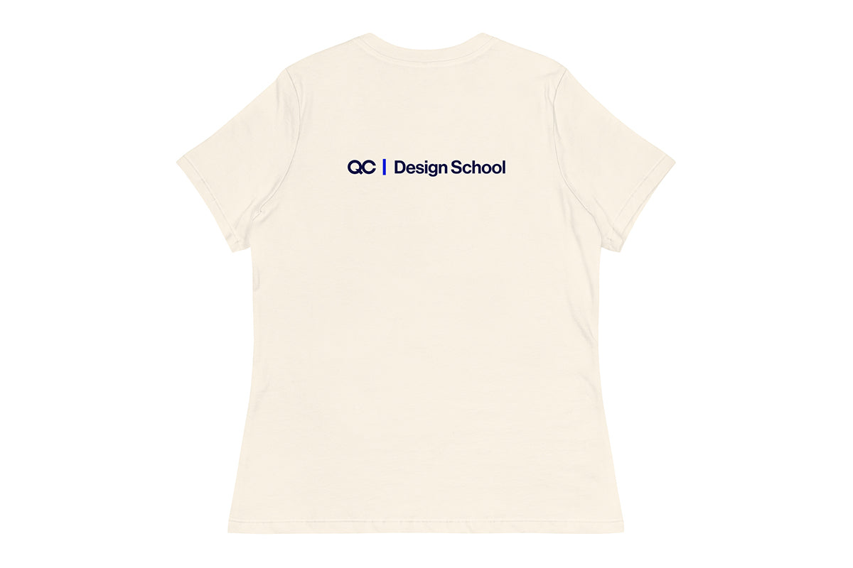 Beige t-shirt with 'OC Design School' logo on the back on a white background